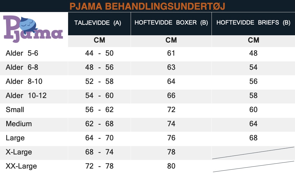 Sizeguide behandling af undertøj