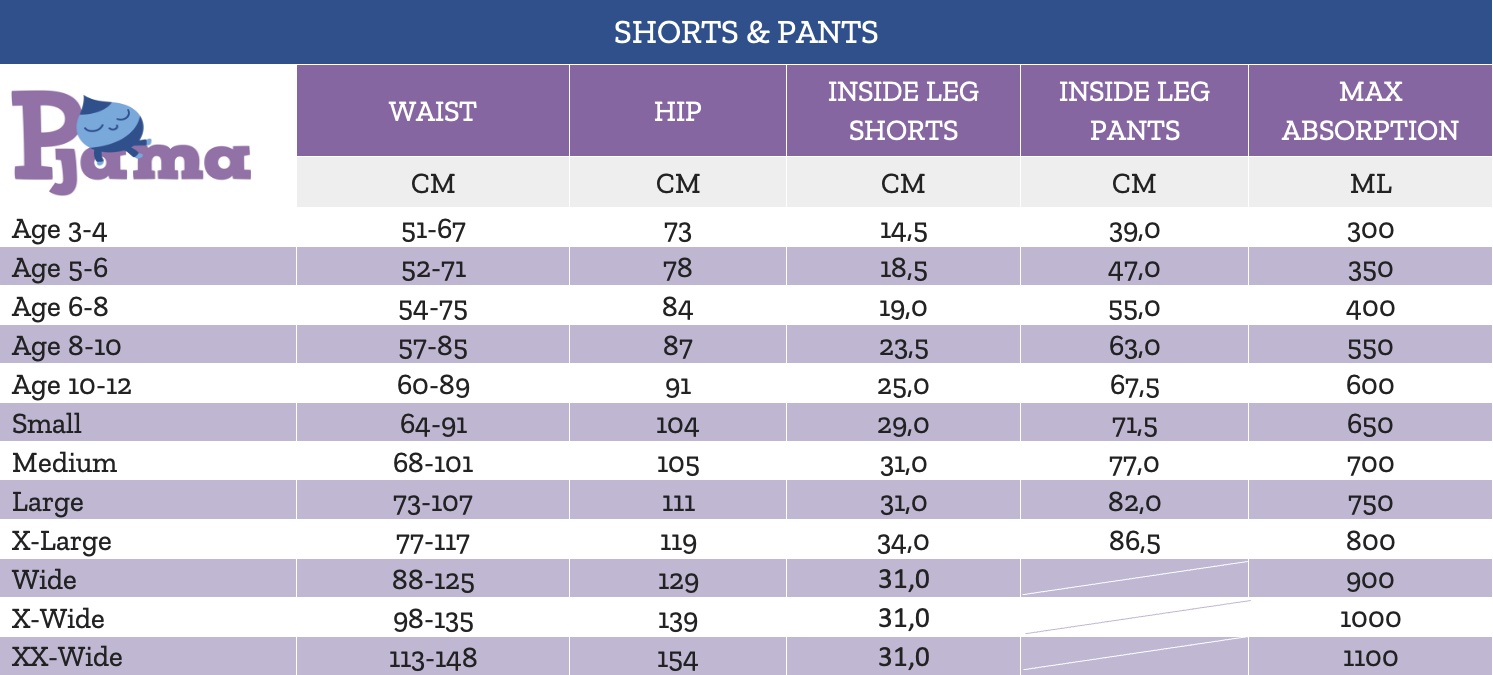 Pjama sizeguide