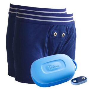 Bedwetting treatment kit for boys with smart boxers and bedwetting alarm system.