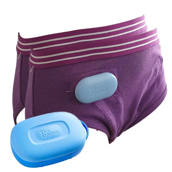 Bedwetting treatment kit for women with smart briefs and alarm.
